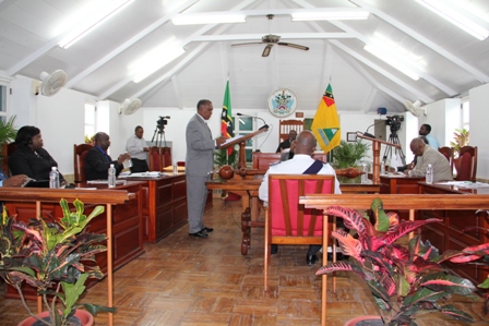 Premier of Nevis and Minister of Finance Hon. Vance Amory delivering the 2013 Nevis Island Administration Budget Address at the Nevis Island Assembly on April 26, 2012